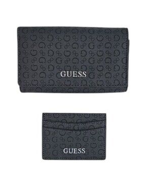 Guess Black Logo Wallet & Card Holder Set NWOT Zip Around Monogram PVC Gift Set